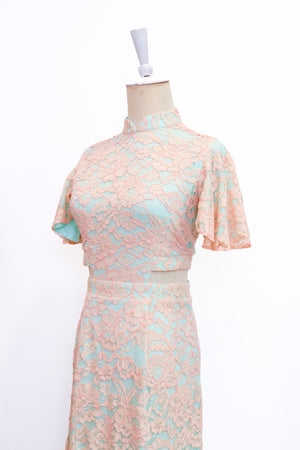 Signature Lace Cut-Out Cheongsam with Sleeves - Navy / Peach (Pre-order)