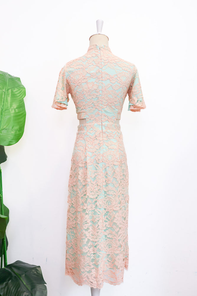 Signature Lace Cut-Out Cheongsam with Sleeves - Navy / Peach (Pre-order)