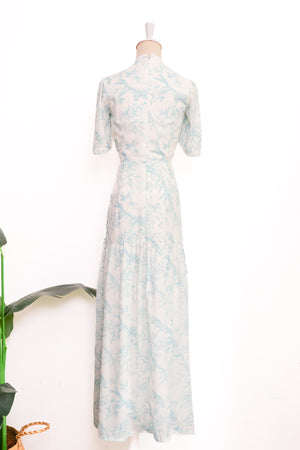 Gigi Pleated Maxi Cheongsam - Sky Blooms