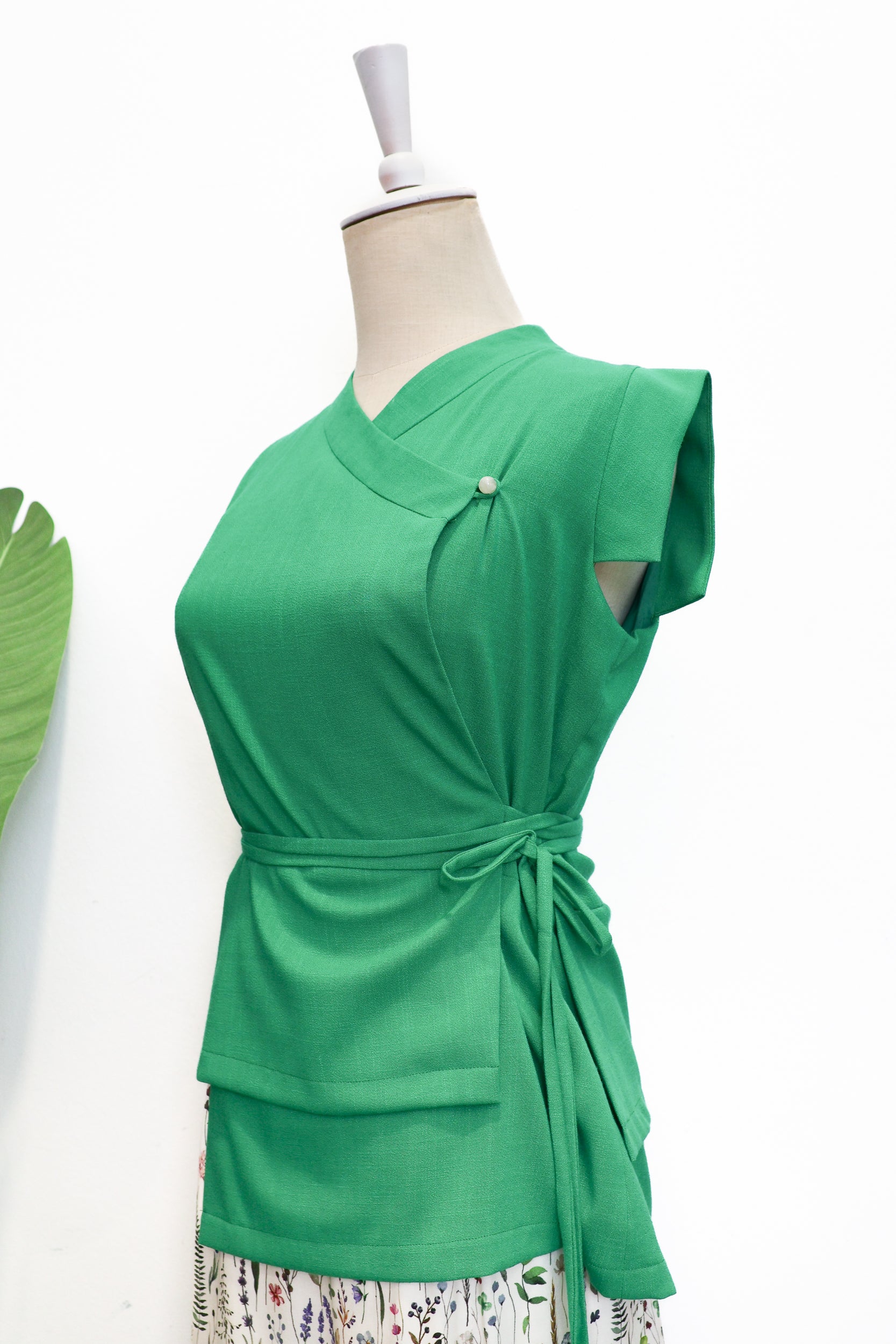 Athena Wrap Top - Emerald / Off-White