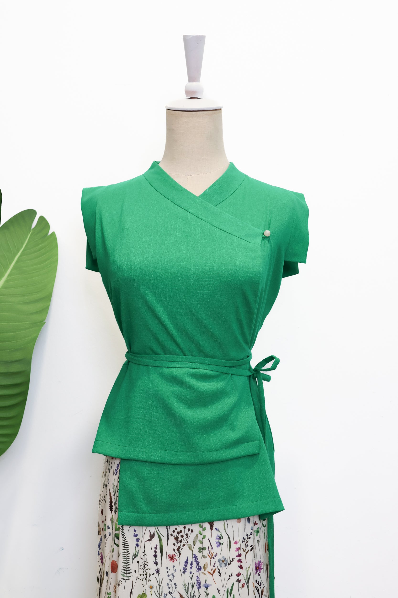 Athena Wrap Top - Emerald / Off-White