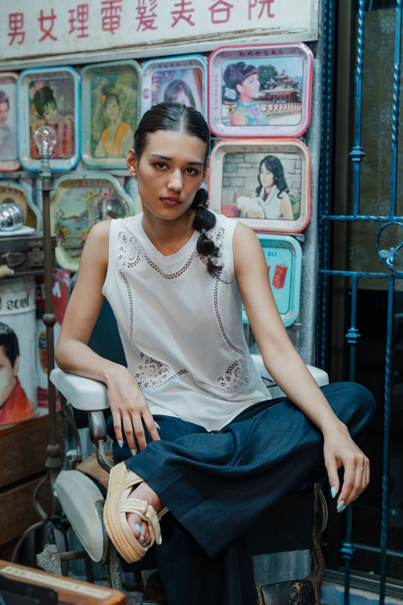 Elly Embroidered Tank - White / Lime Spritz