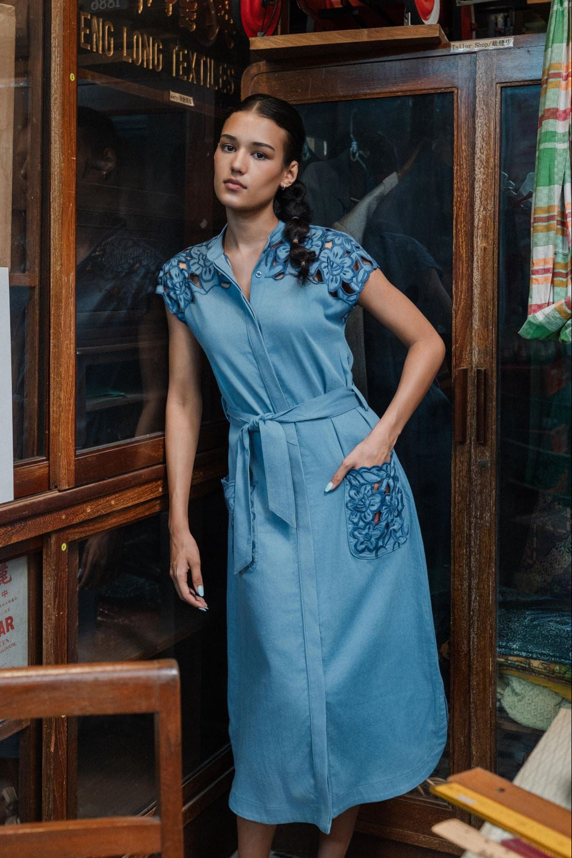 Ann Siang Embroidery Denim Dress Light/ Dark Chambray