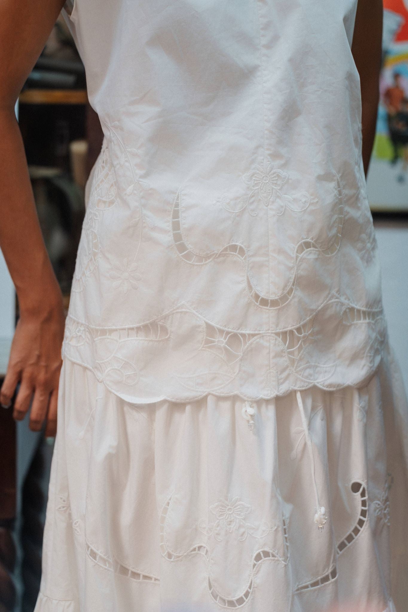 Sayang Embroidery Tie Top - White / Midnight Blue