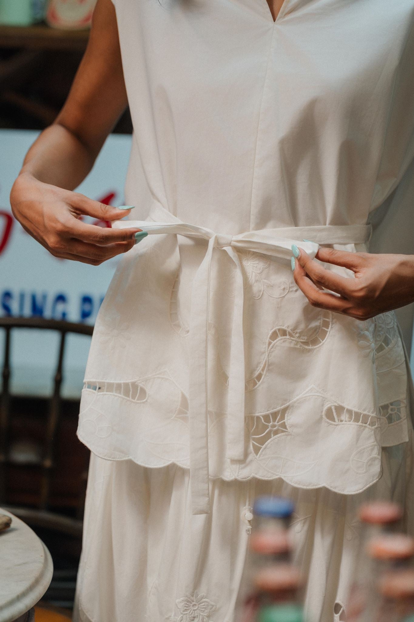 Sayang Embroidery Tie Top - White / Midnight Blue