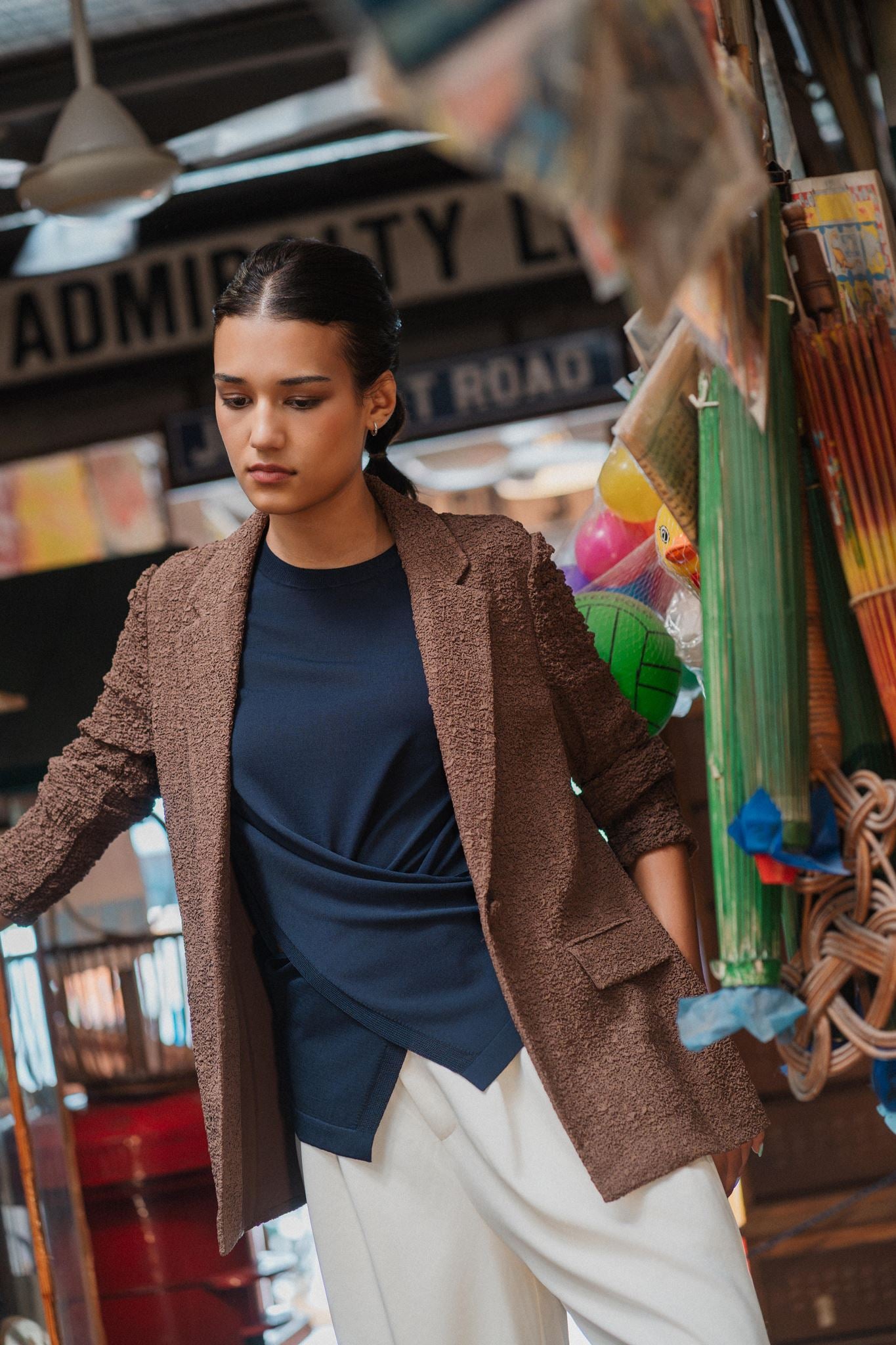 Duxton Silk Blazer - Navy / Brown