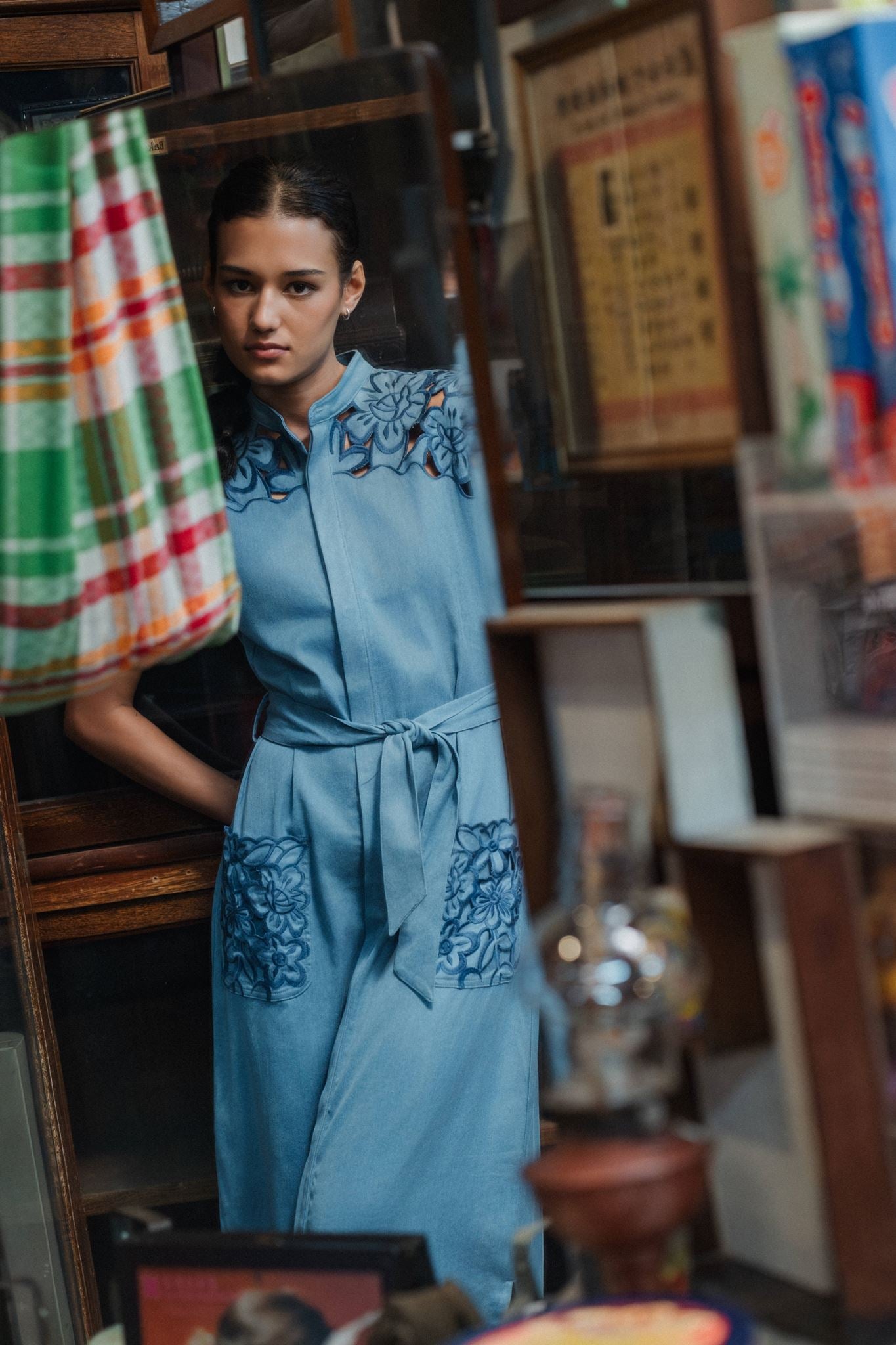 Ann Siang Embroidery Denim Dress Light/ Dark Chambray
