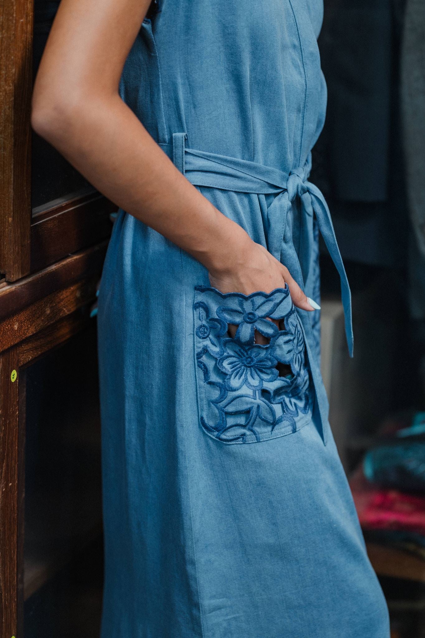 Ann Siang Embroidery Denim Dress Light/ Dark Chambray