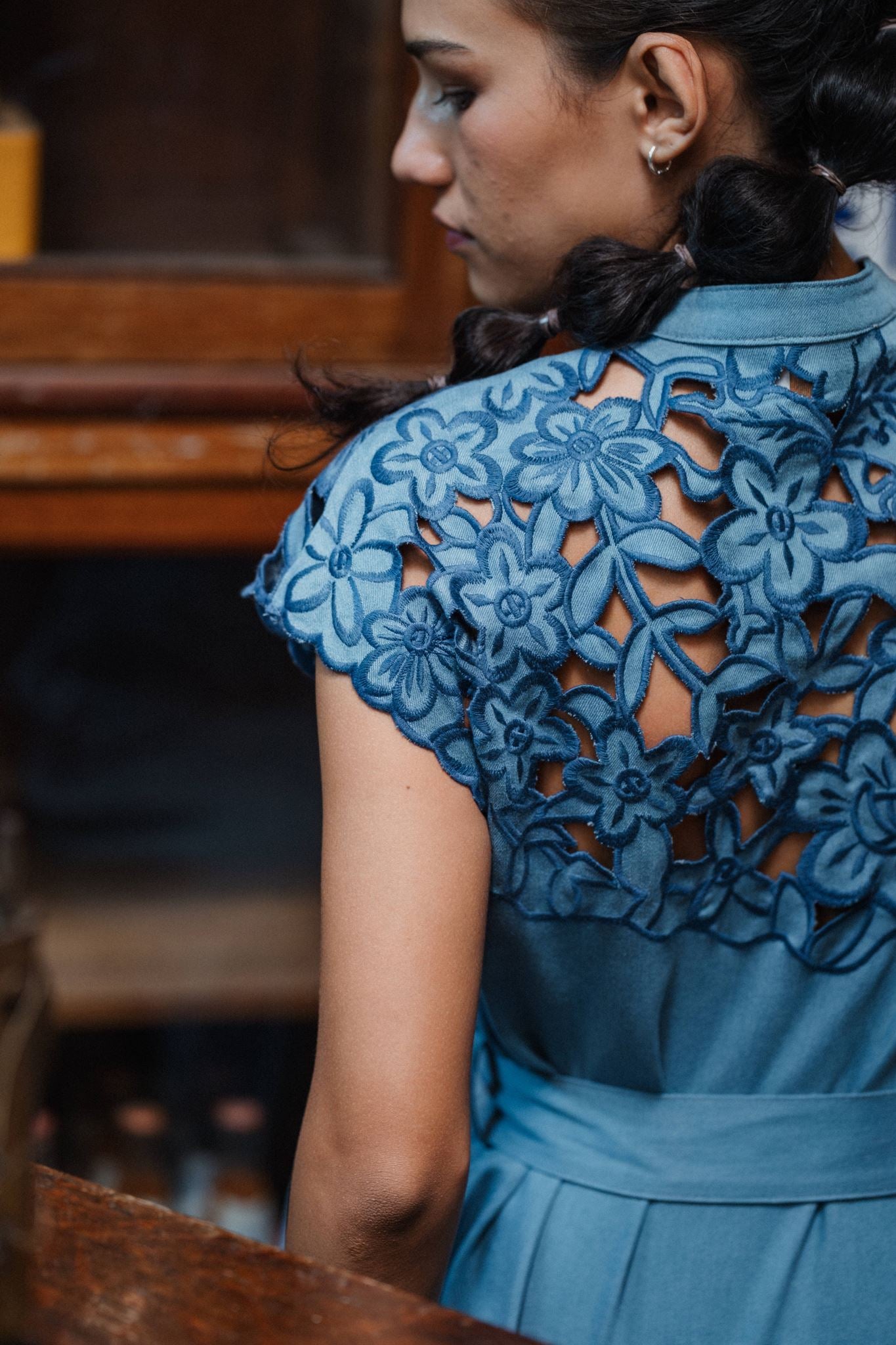 Ann Siang Embroidery Denim Dress Light/ Dark Chambray