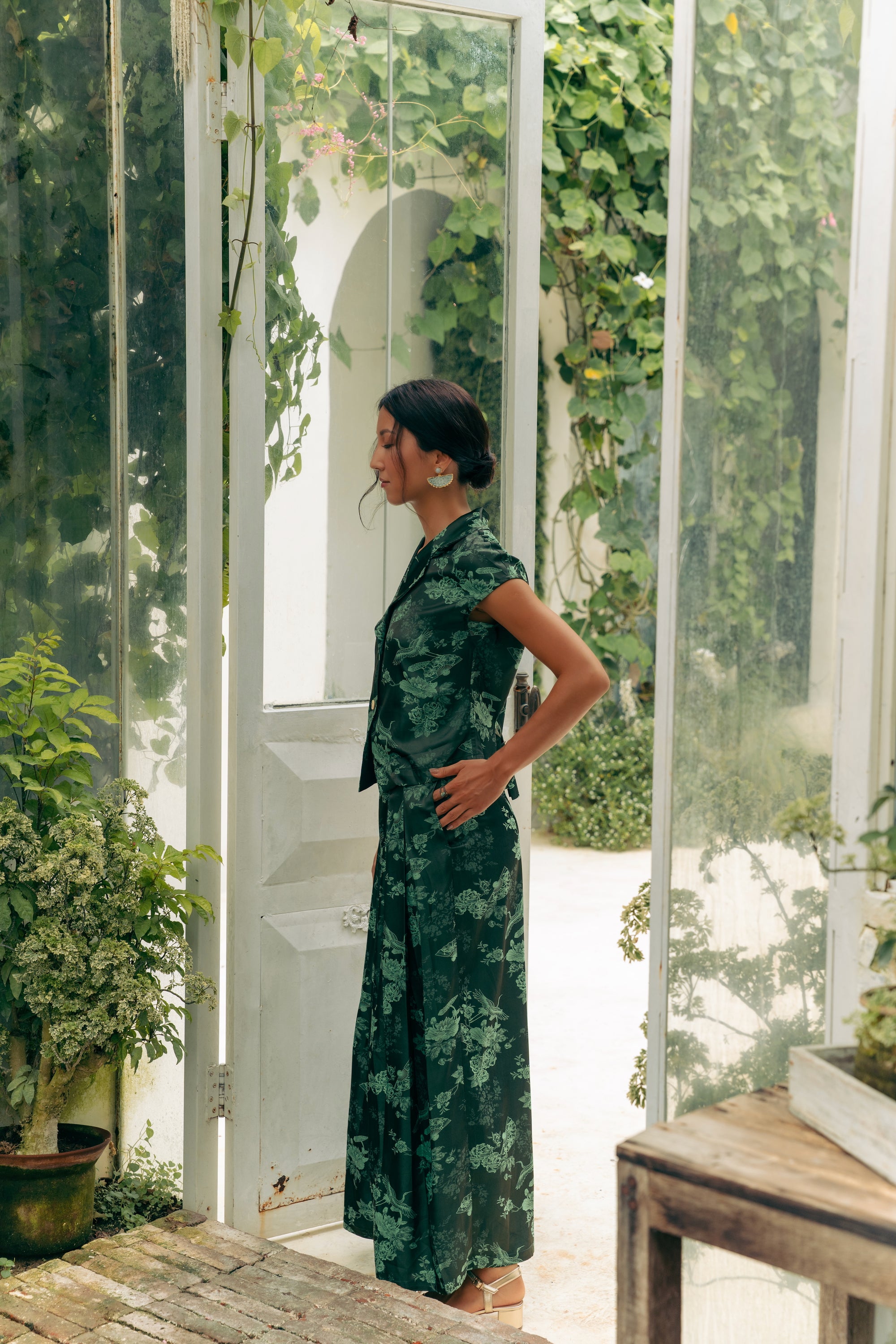 Jade Silky Pants Set - Cream / Emerald