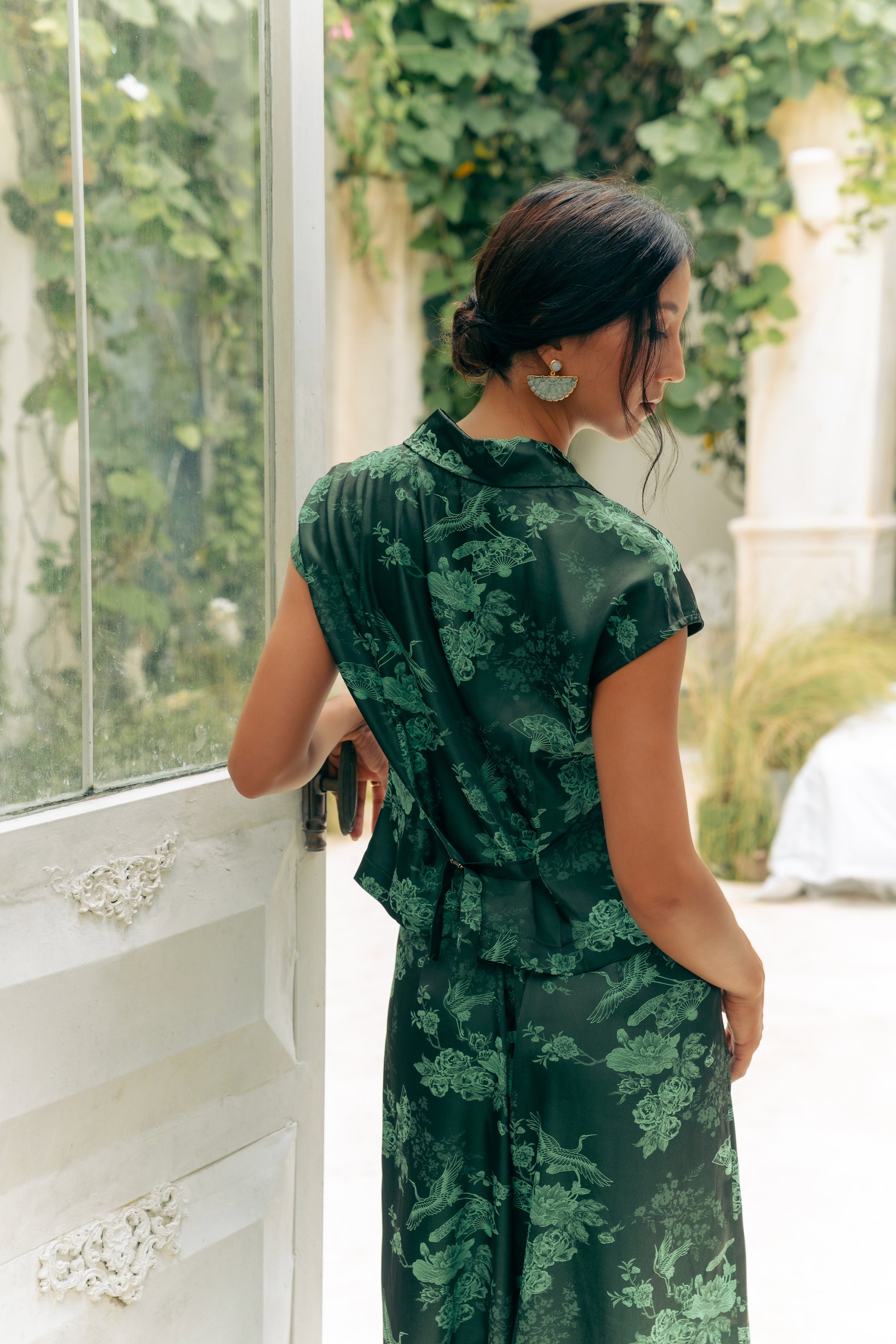 Jade Silky Pants Set - Cream / Emerald