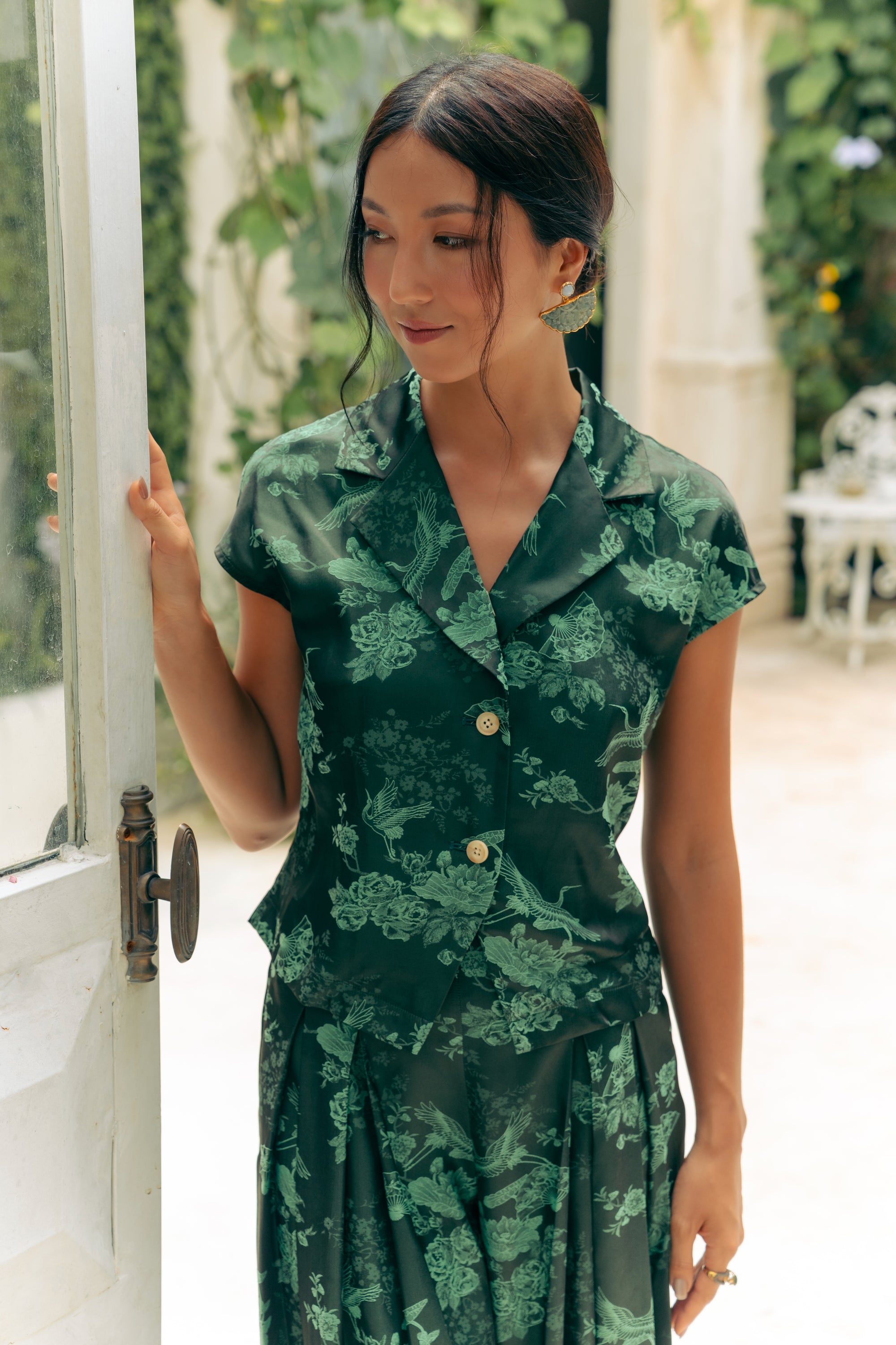 Jade Silky Pants Set - Cream / Emerald