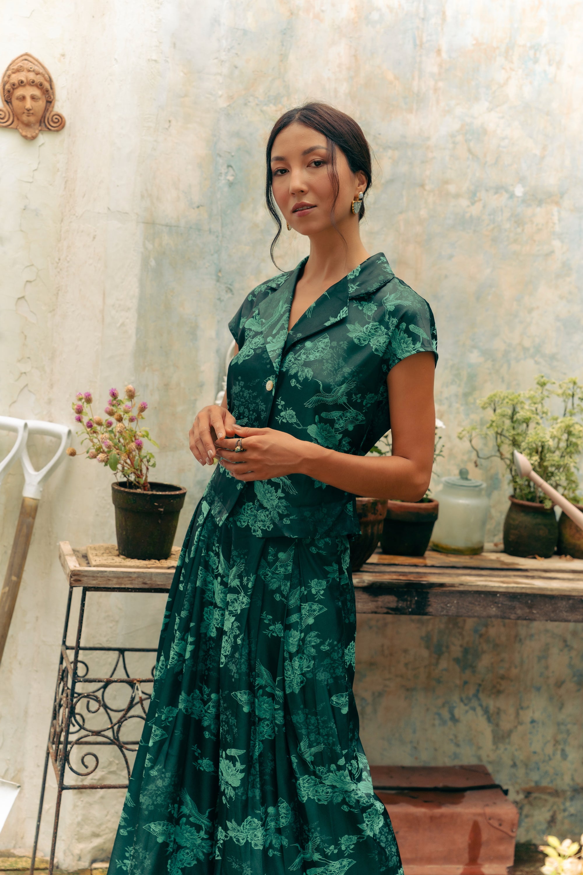 Jade Silky Pants Set - Cream / Emerald