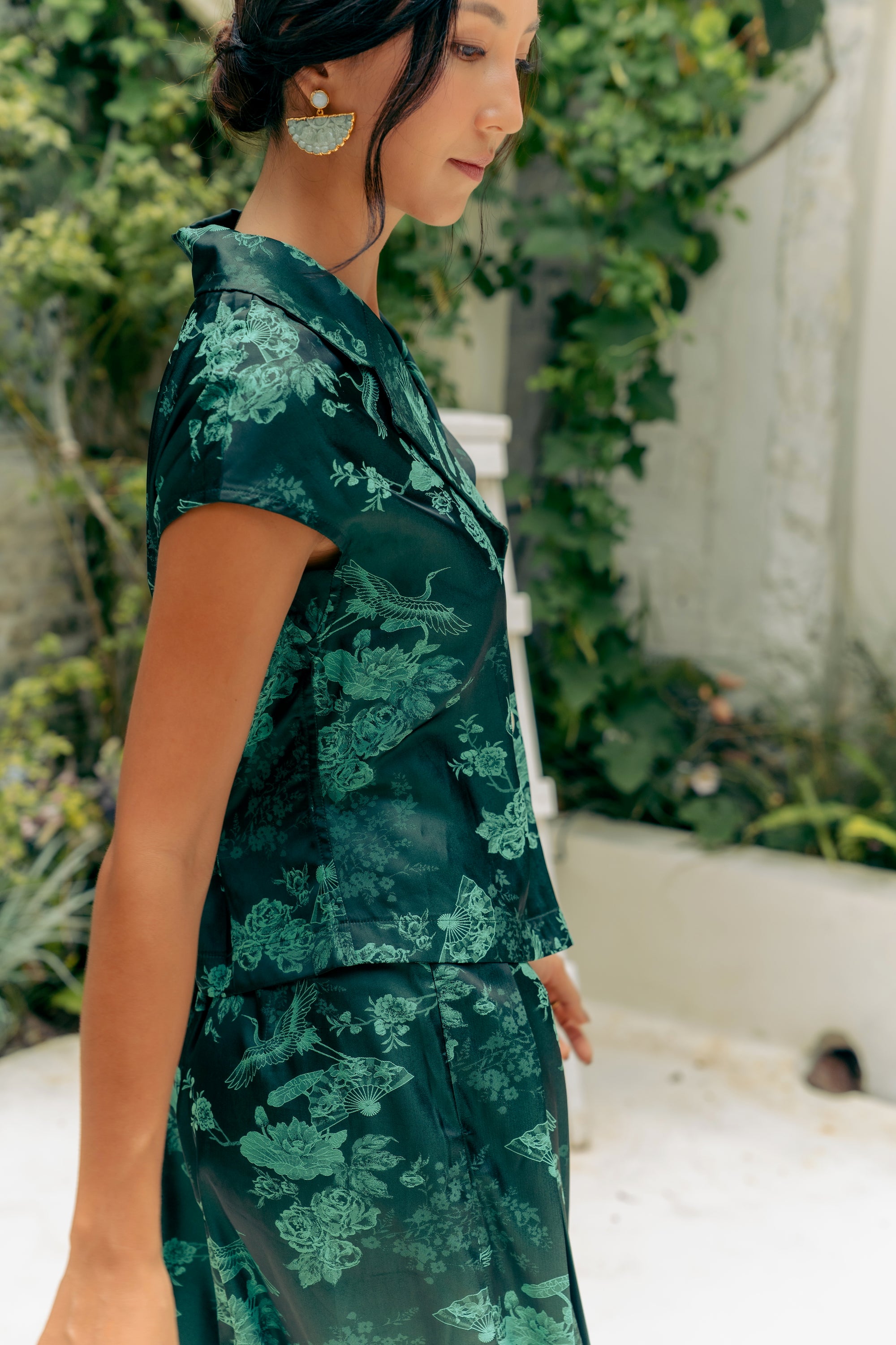 Jade Silky Pants Set - Cream / Emerald