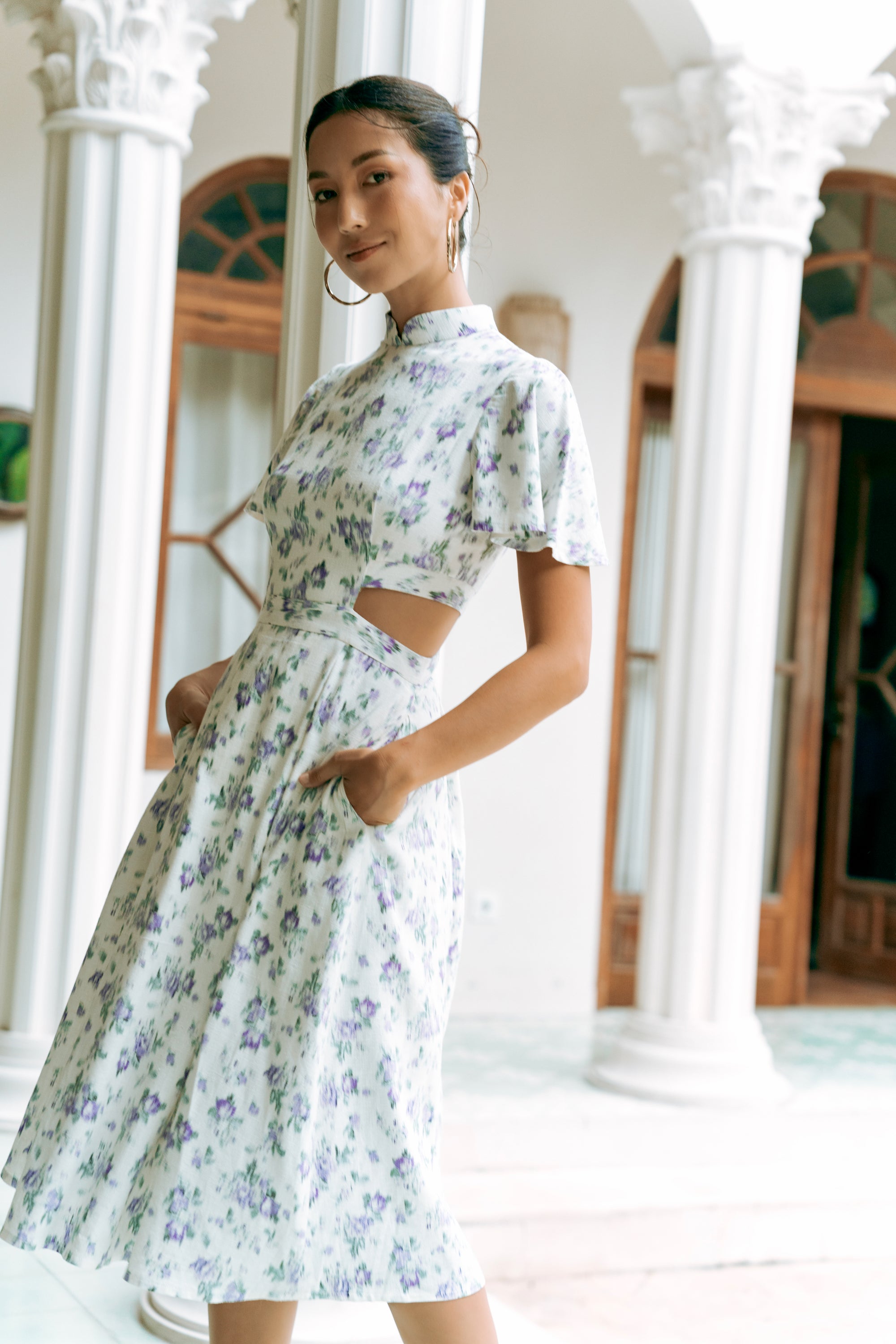 Signature Cut-Out Midi Cheongsam with Sleeves - Provence