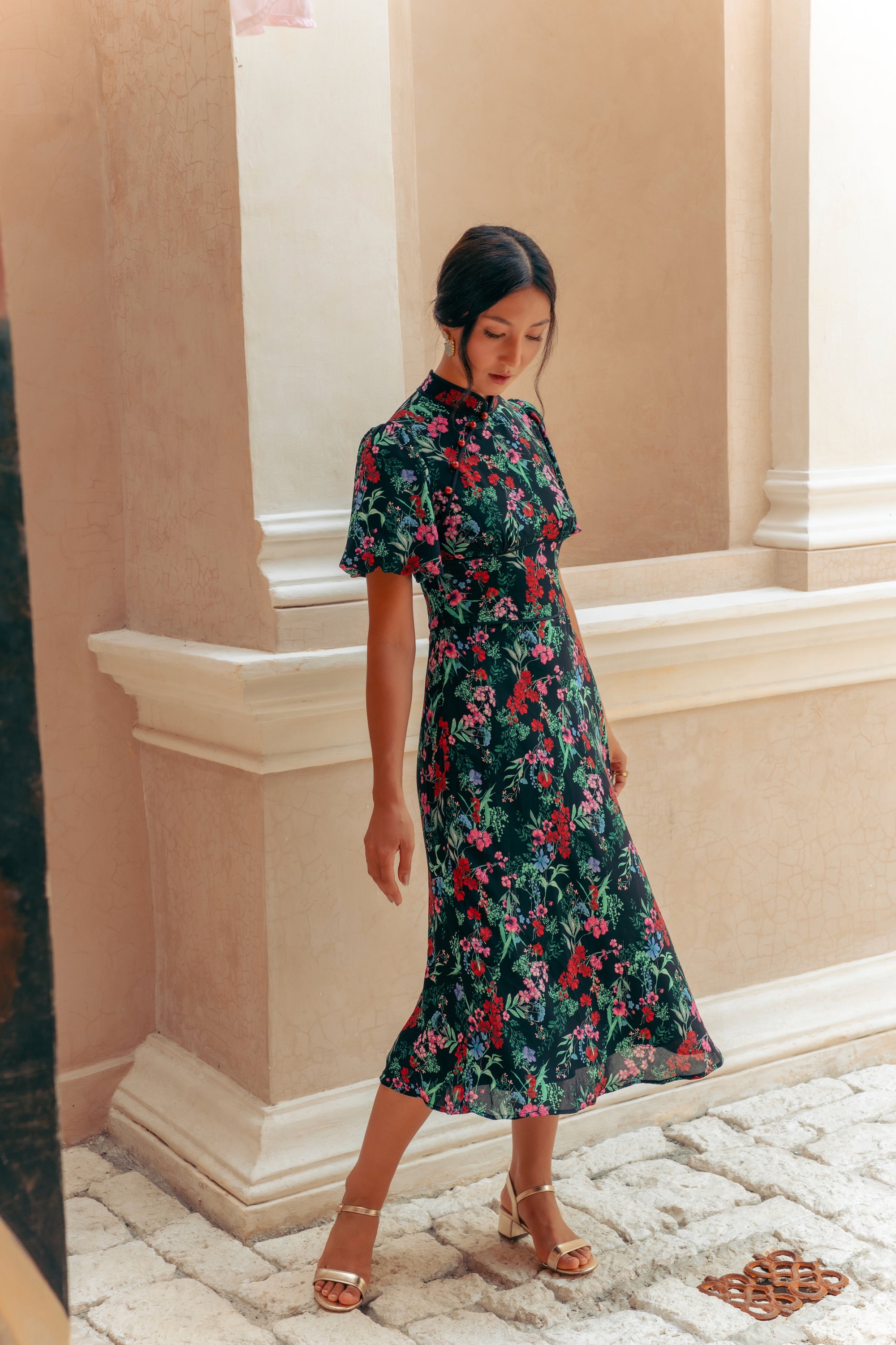 Jayne Retro Cheongsam - Teal / Moonlit Florals