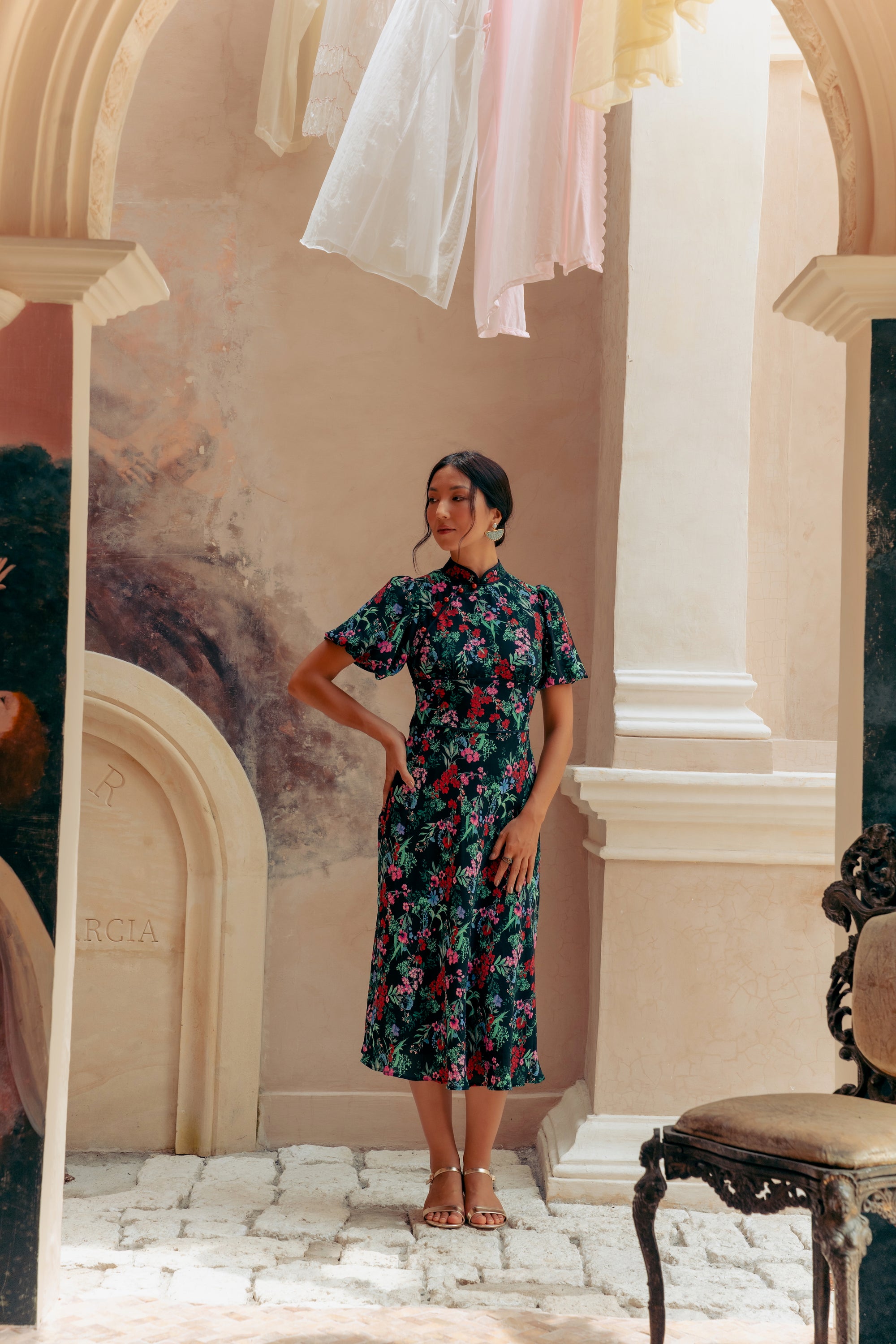 Jayne Retro Cheongsam - Teal / Moonlit Florals