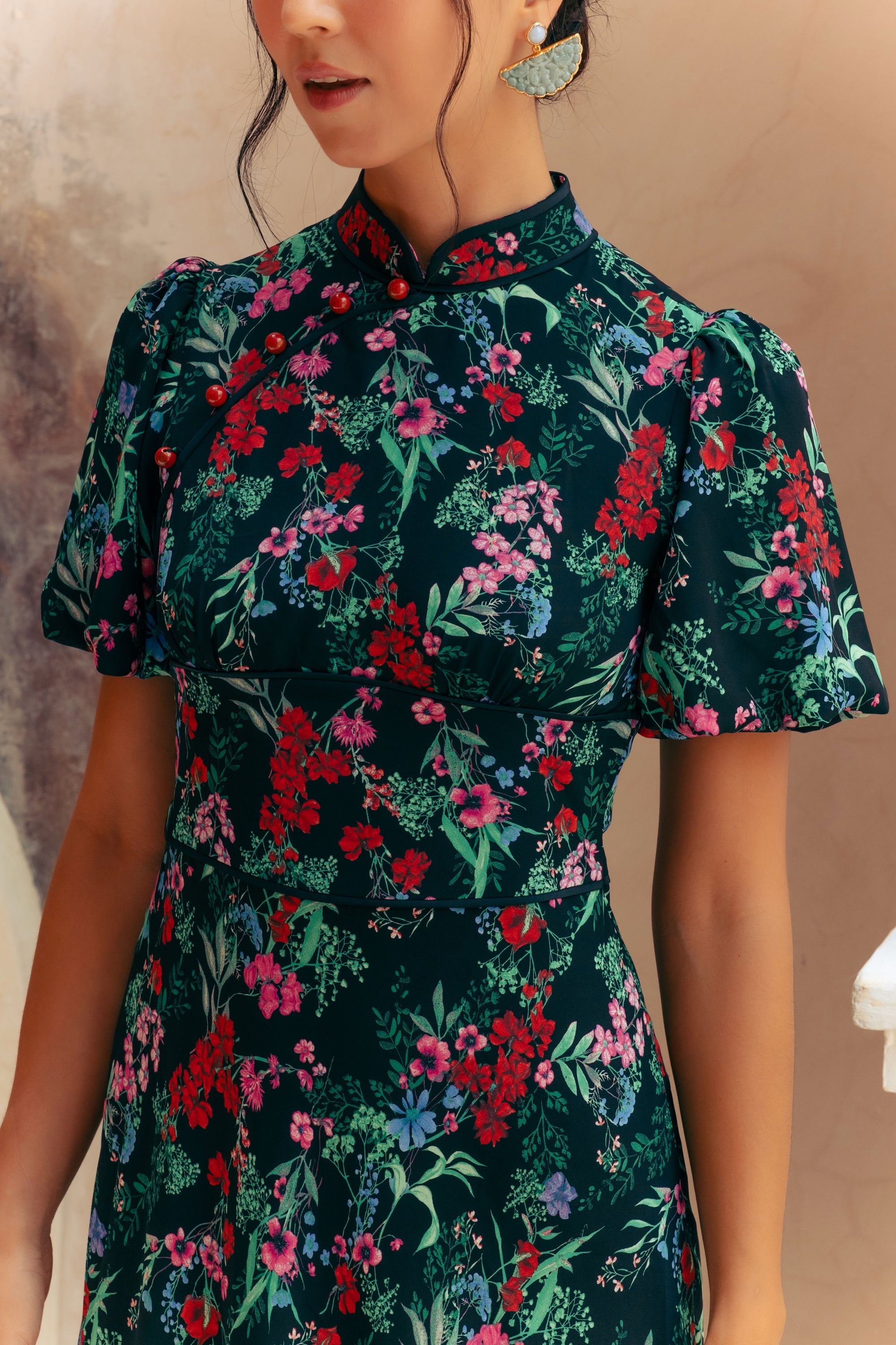 Jayne Retro Cheongsam - Teal / Moonlit Florals
