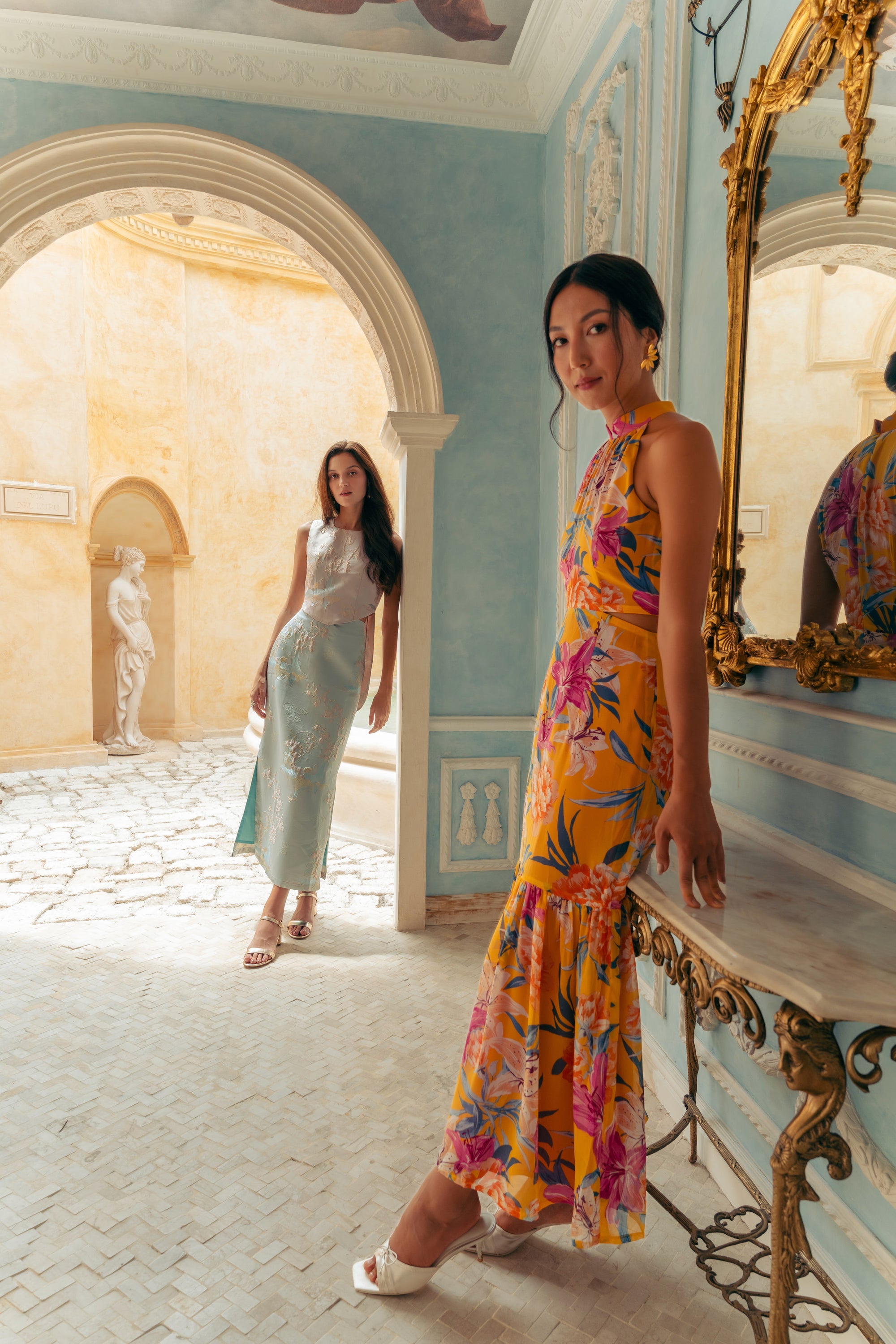 Lindsay Convertible Cape Maxi Cheongsam - Saffron Hibiscus / Black