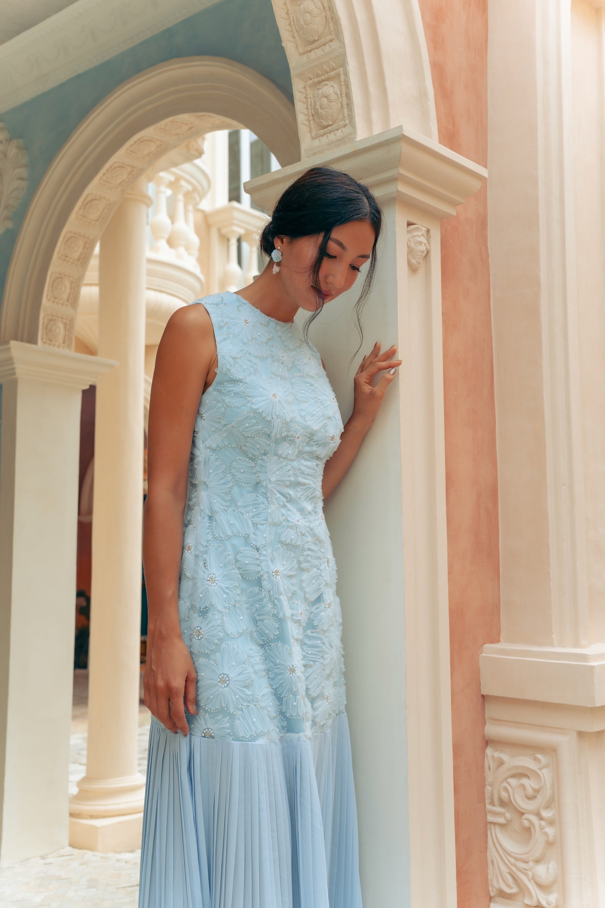 Levia Drop Waisted Maxi Dress - Baby Blue / Blush Pink