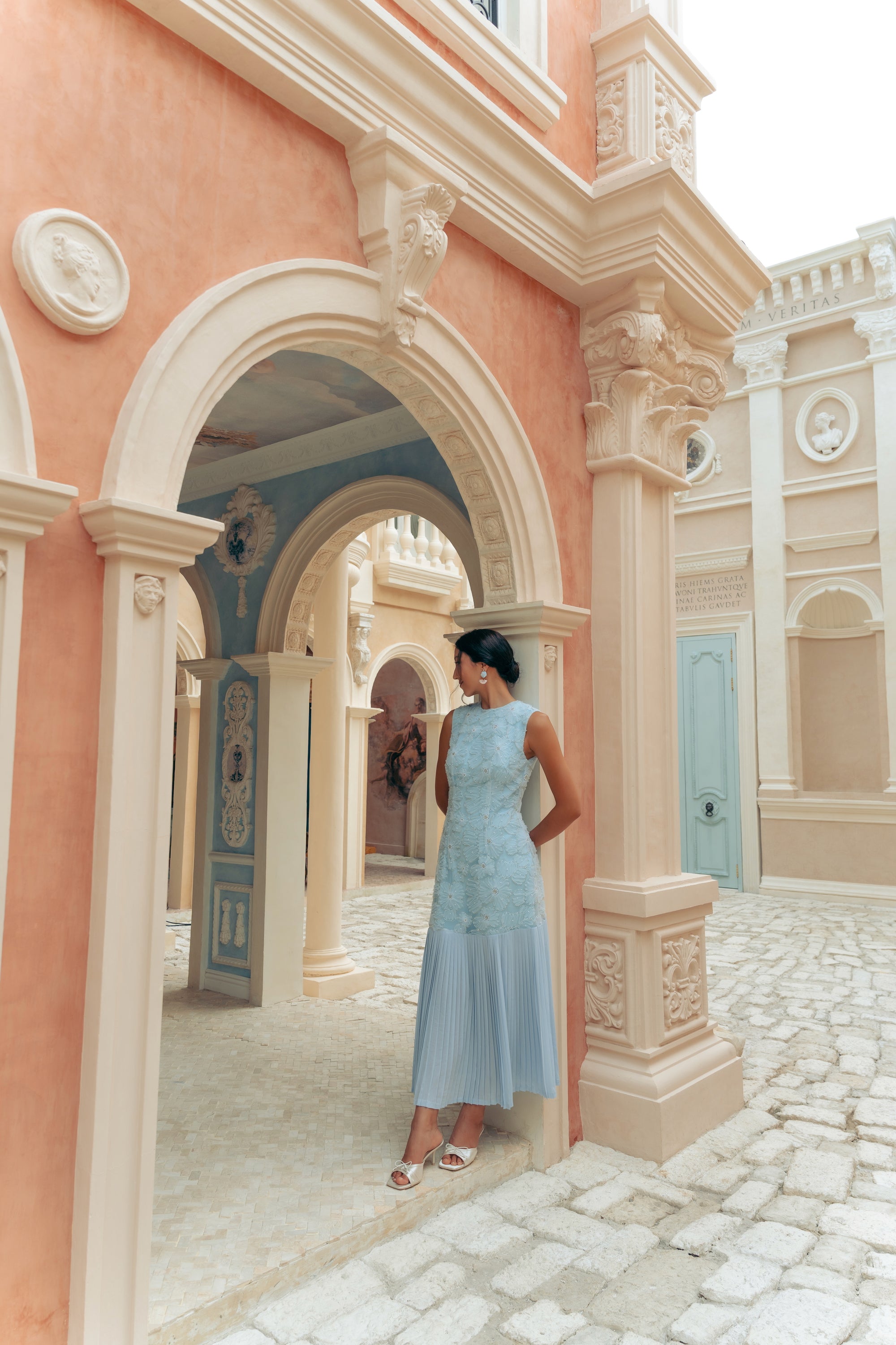 Levia Drop Waisted Maxi Dress - Baby Blue / Blush Pink