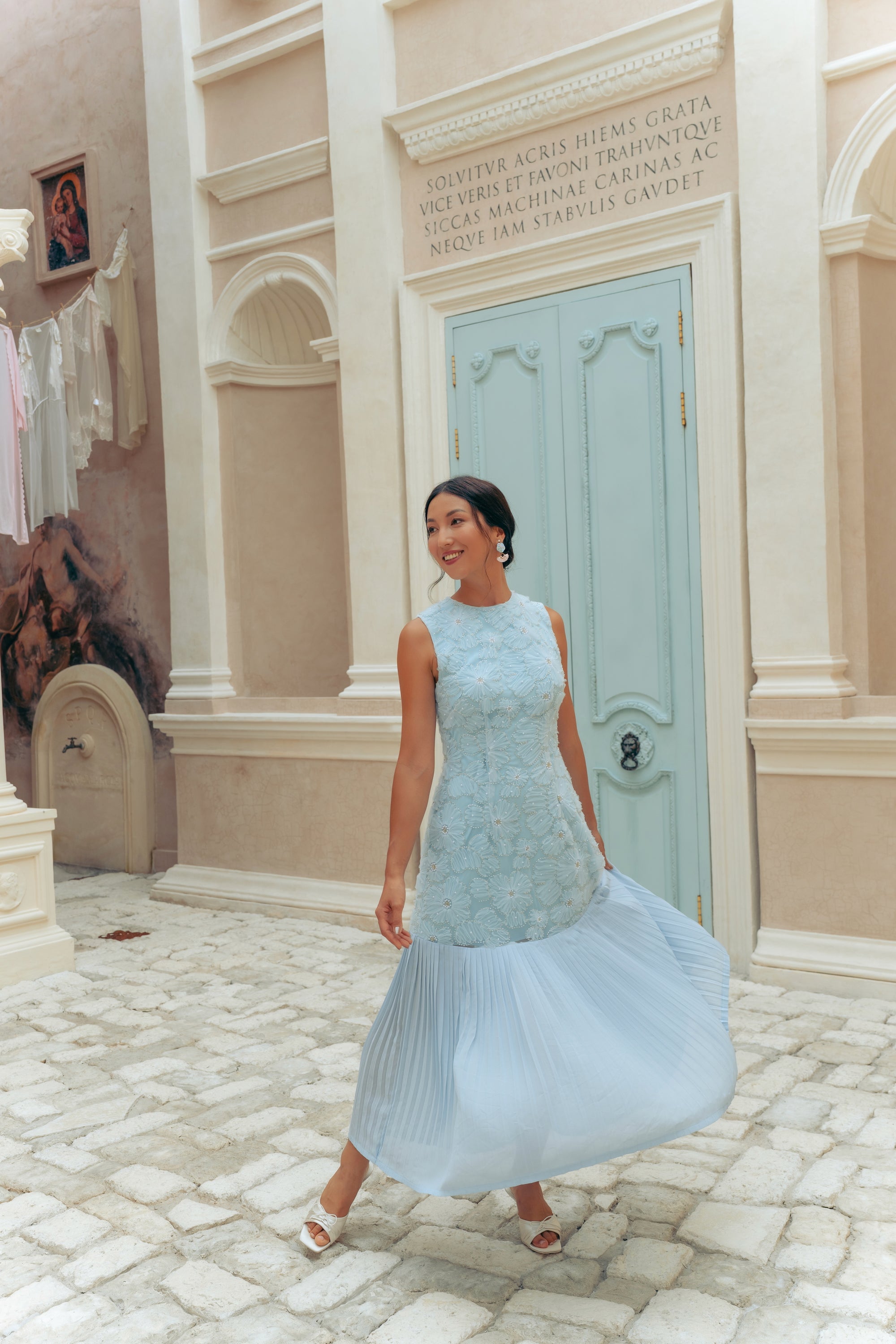 Levia Drop Waisted Maxi Dress - Baby Blue / Blush Pink The Missing Piece Levia Drop Waisted Maxi Dress - Baby Blue / Blush Pink The Missing Piece