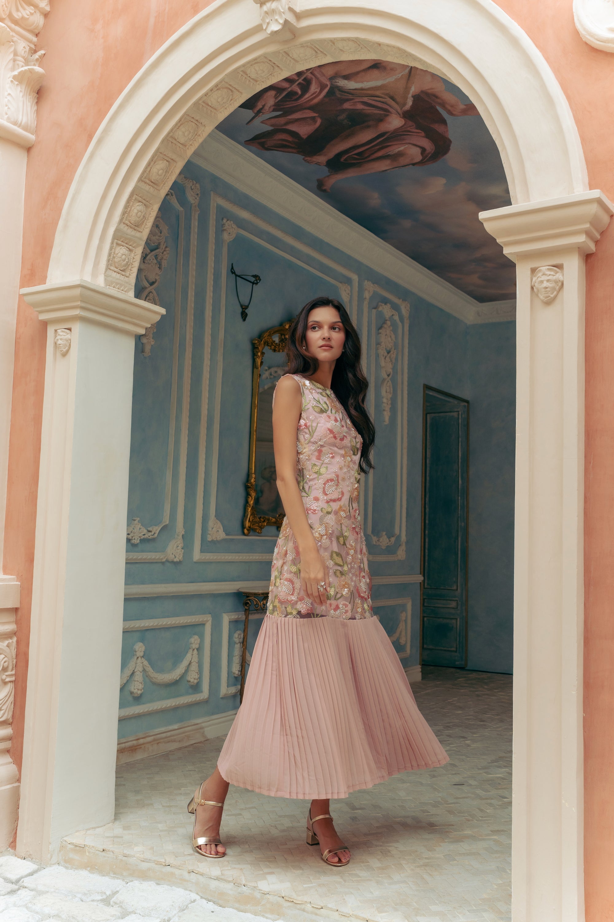 Levia Drop Waisted Maxi Dress - Baby Blue / Blush Pink