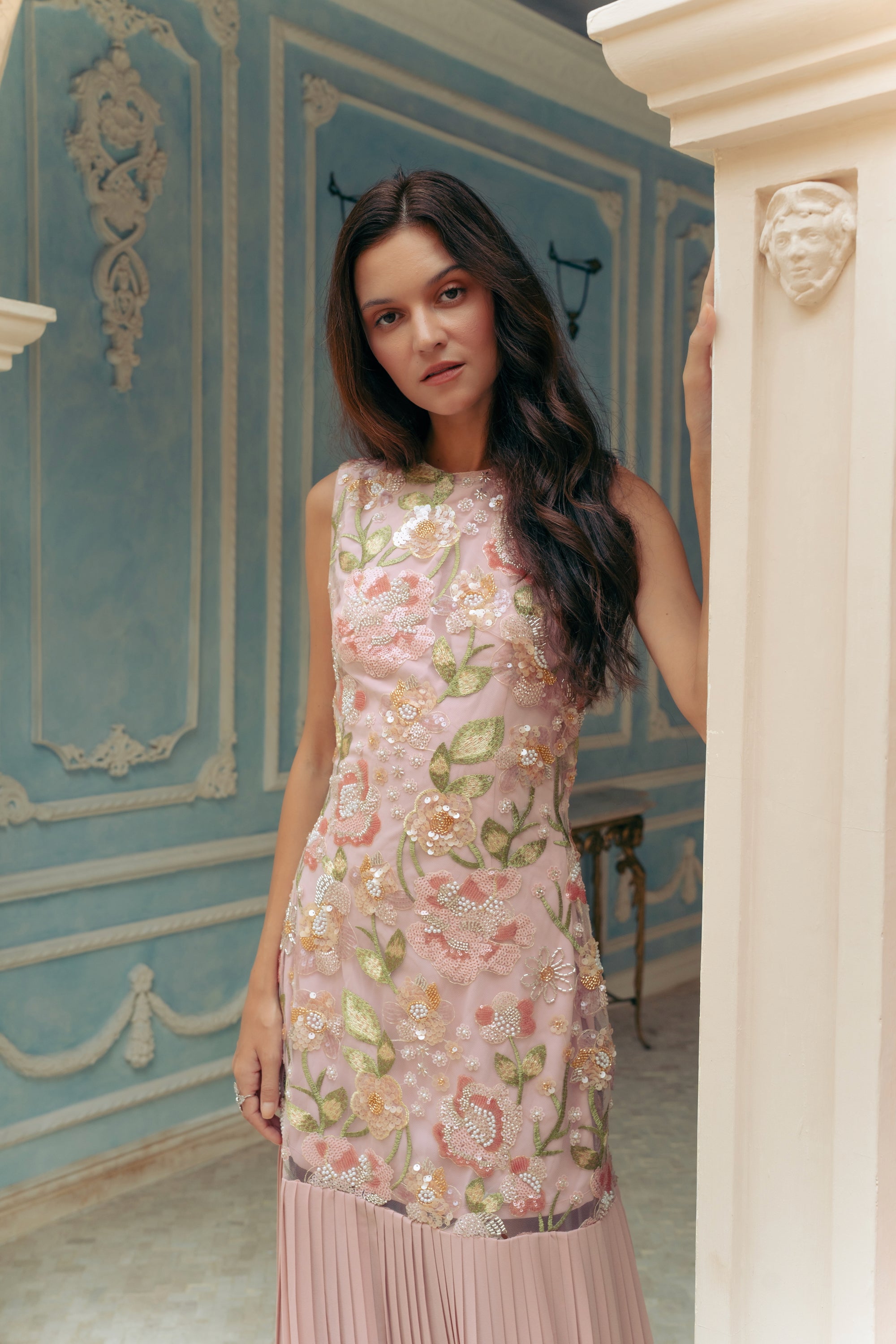 Levia Drop Waisted Maxi Dress - Baby Blue / Blush Pink