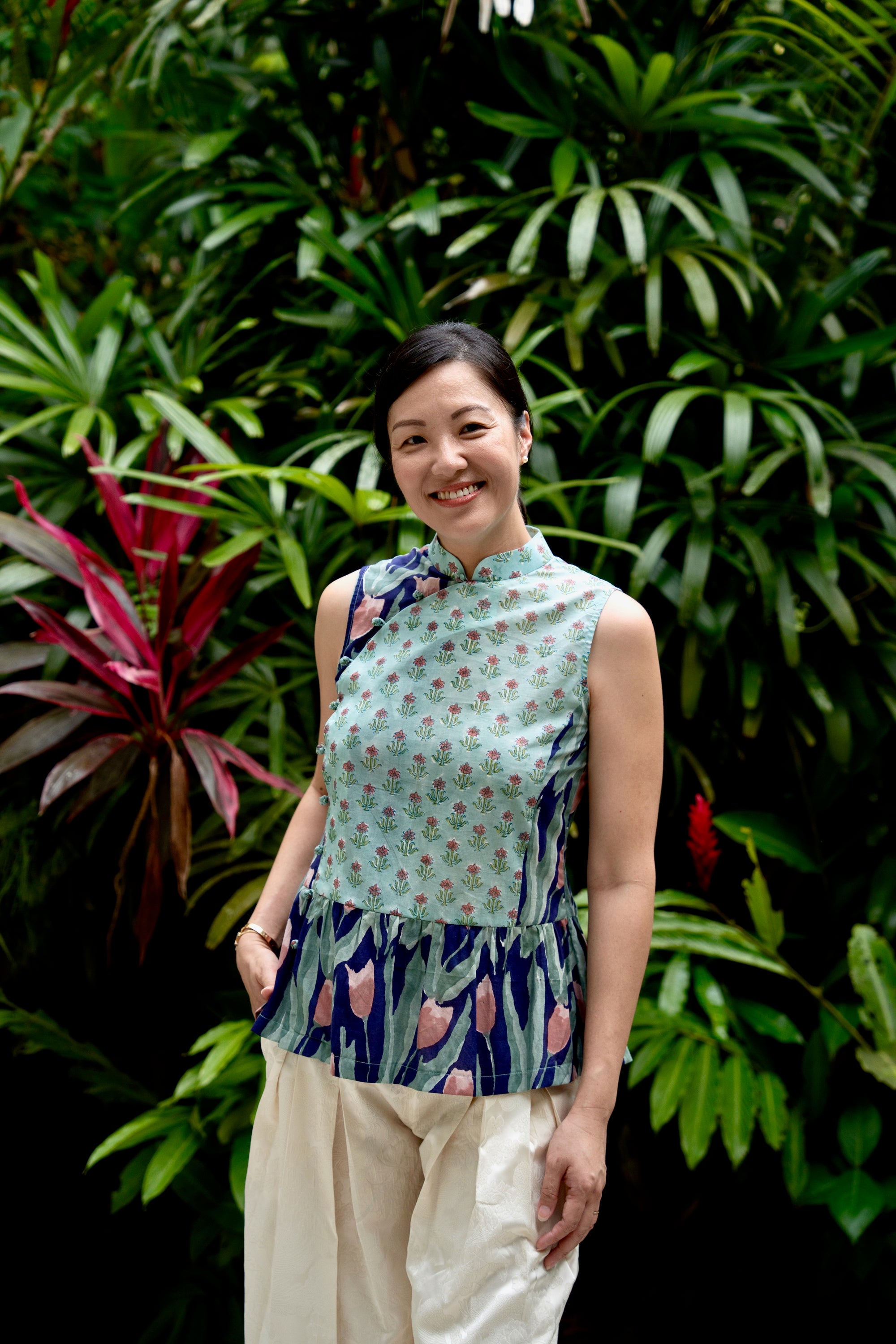 Tuileries Peplum Cheongsam Top - Navy Tulips / French Florals