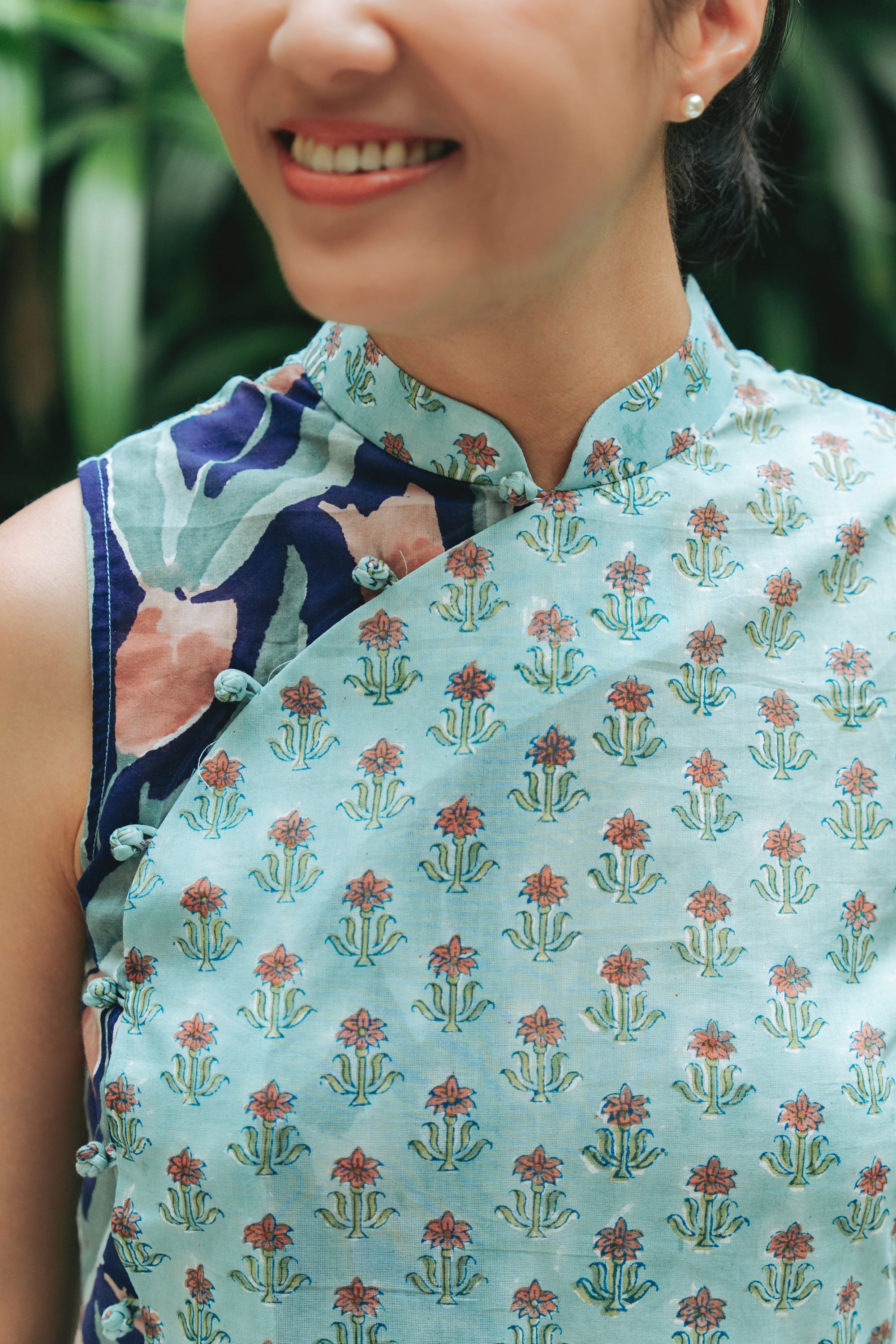 Tuileries Peplum Cheongsam Top - Navy Tulips / French Florals