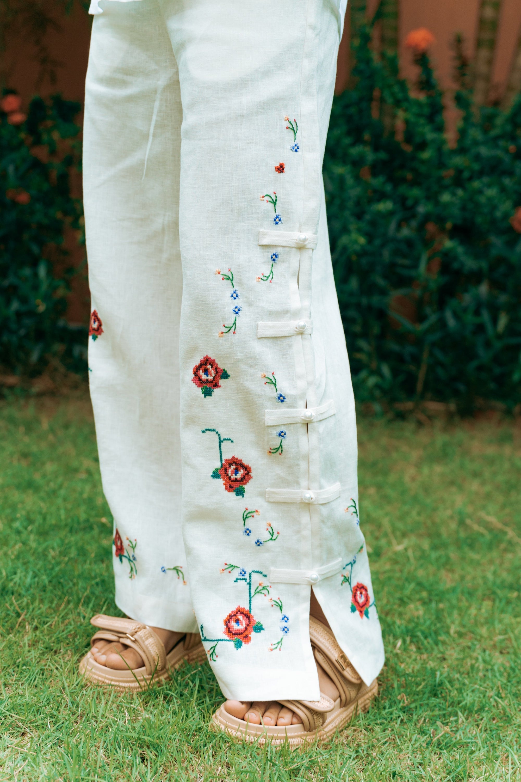 Cross Stitch Linen Pants - Blue / Multi-colour