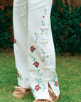 Cross Stitch Linen Pants - Blue / Multi-colour