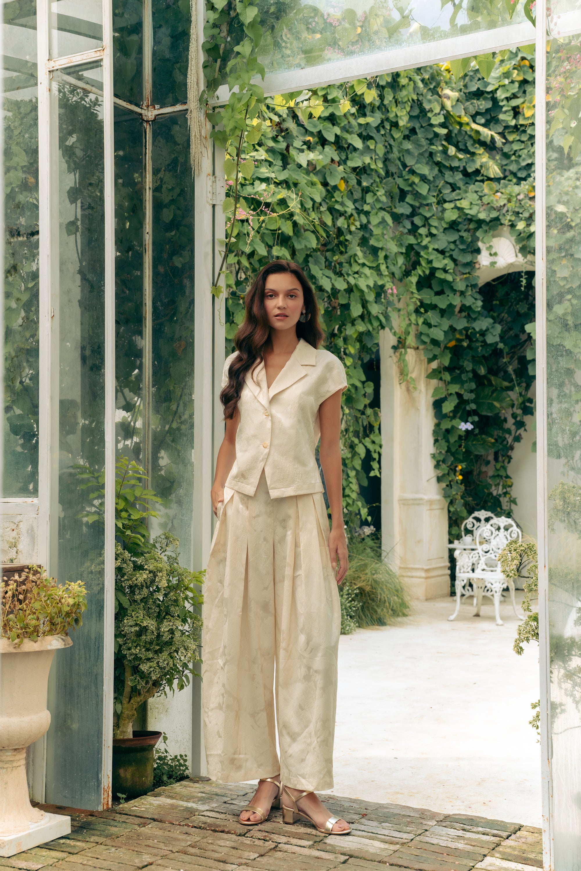 Jade Silky Pants Set - Cream / Emerald