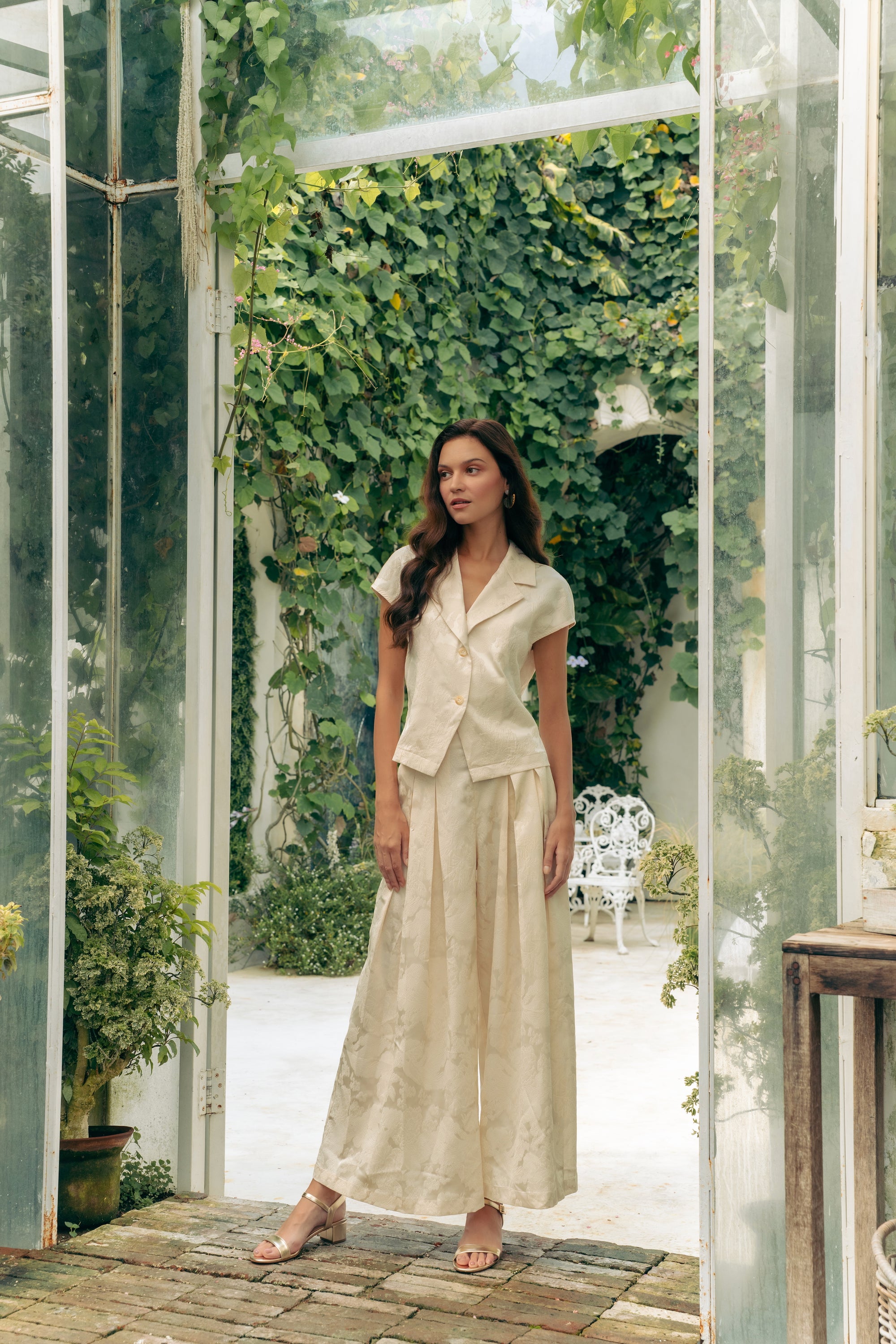 Jade Silky Pants Set - Cream / Emerald