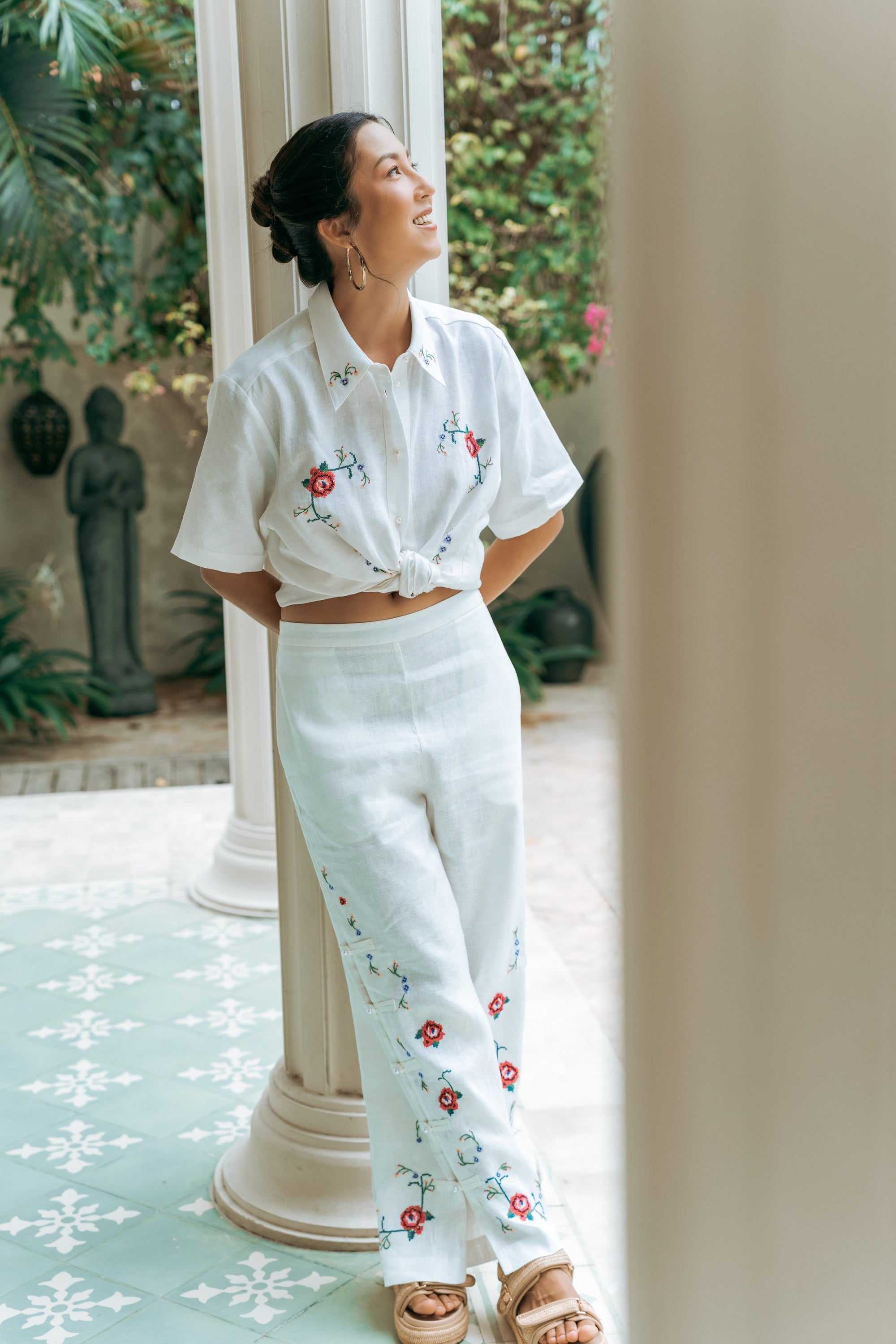 Cross Stitch Linen Pants - Blue / Multi-colour