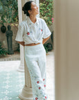 Cross Stitch Linen Pants - Blue / Multi-colour