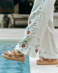 Cross Stitch Linen Pants - Blue / Multi-colour