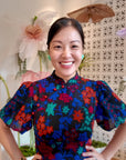Jayne Retro Cheongsam - Black Floral/ Teal