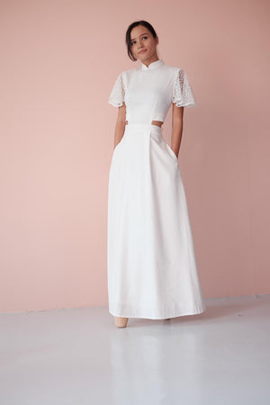 
            
                Load image into Gallery viewer, Signature Cut-Out Maxi Cheongsam with Lace Sleeves - White (Pre-order)
            
        