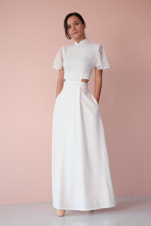 Signature Cut-Out Maxi Cheongsam with Lace Sleeves - White (Pre-order)