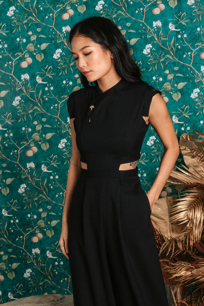 Athena Cut Out Midi Jumpsuit Black Cobalt Pre order