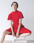 Signature Cut-Out Cheongsam with Sleeves - Red ( Pre-order )