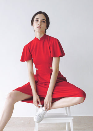 
            
                Load image into Gallery viewer, Signature Cut-Out Cheongsam with Sleeves - Red (Pre-order)
            
        