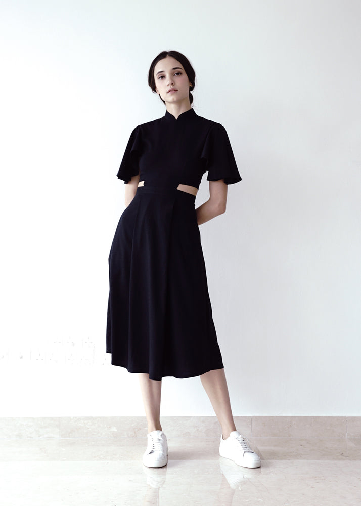 Signature Cut-Out Cheongsam with Sleeves - Black (Pre-order)