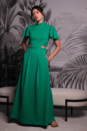 Signature Cut-Out Maxi Cheongsam with Sleeves - Emerald ( Pre-order )