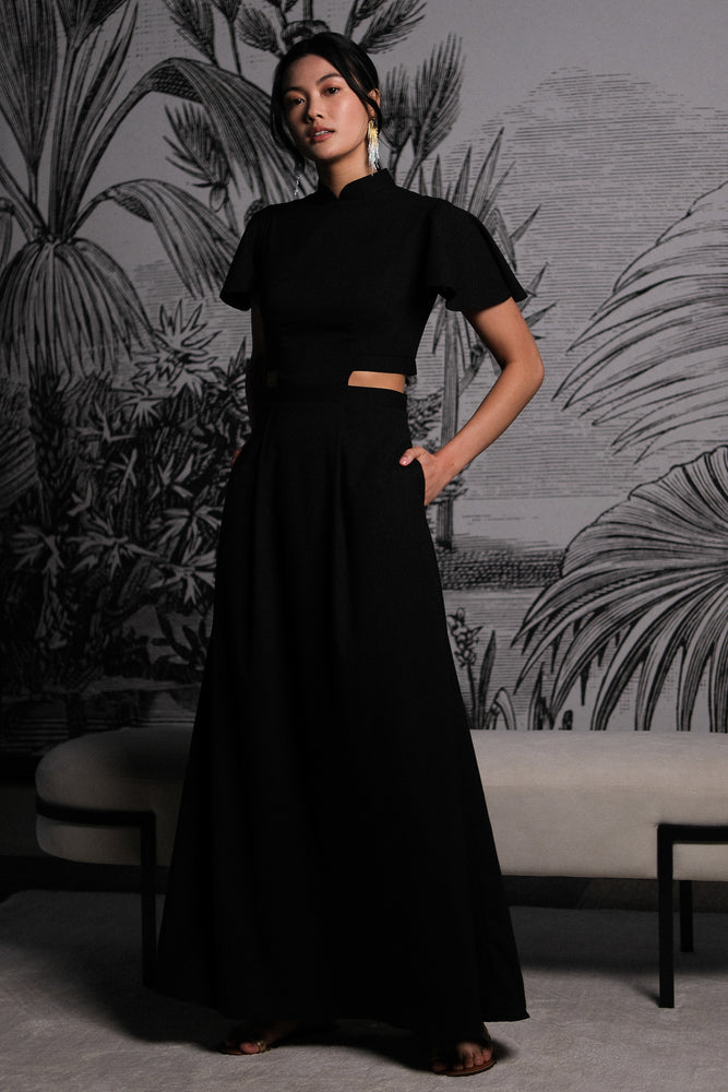 Signature Cut-Out Maxi Cheongsam with Sleeves - Black ( Pre-order )