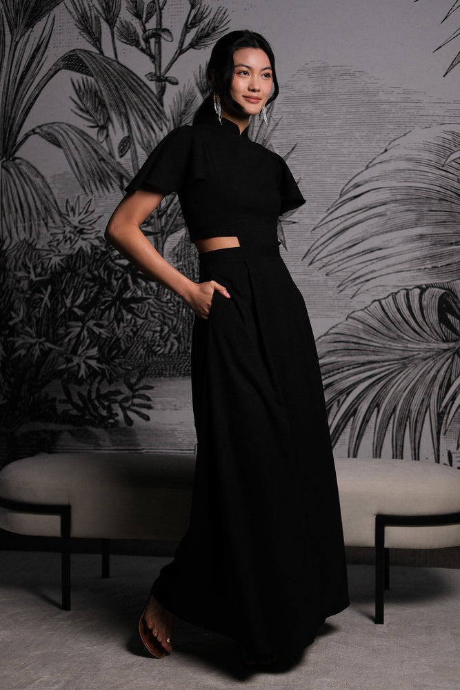 Signature Cut-Out Maxi Cheongsam with Sleeves - Black ( Pre-order )