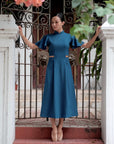 Signature Cut-Out Cheongsam with Sleeves - Fall Blue ( Pre-order )