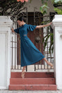 Signature Cut-Out Cheongsam with Sleeves - Fall Blue ( Pre-order )