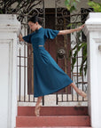 Signature Cut-Out Cheongsam with Sleeves - Fall Blue ( Pre-order )